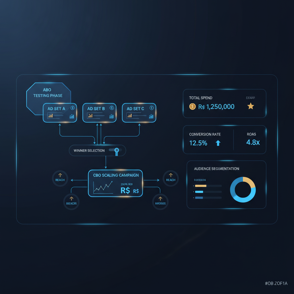 Fluxograma mostrando a estratégia de usar ABO para testar anúncios e depois mover os vencedores para uma campanha CBO para escalar resultados.