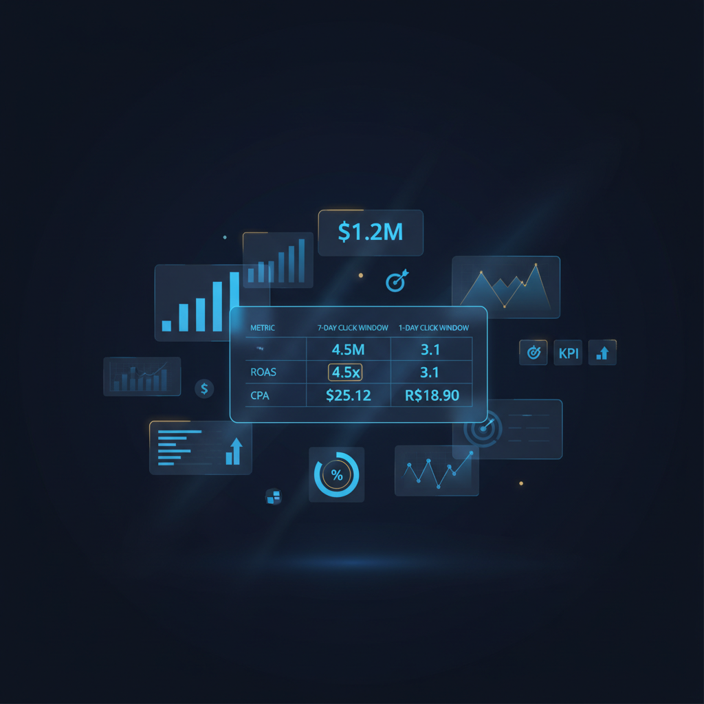 Tabela de dados comparando o ROAS e o CPA de uma campanha usando janelas de atribuição de 7 dias e 1 dia clique.