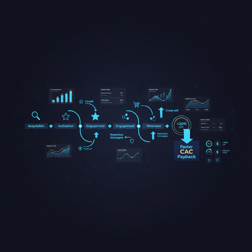 Infográfico detalhando a jornada do cliente, com pontos de otimização para aumentar o LTV, como upsells e retenção, e uma seta indicando a recuperação mais rápida do investimento (payback do CAC).