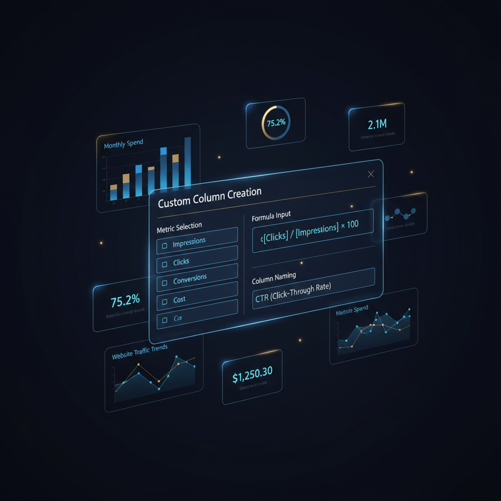 Interface de criação de colunas personalizadas em uma plataforma de anúncios digitais, com campos para selecionar métricas e inserir fórmulas, ilustrando a flexibilidade na análise de dados.