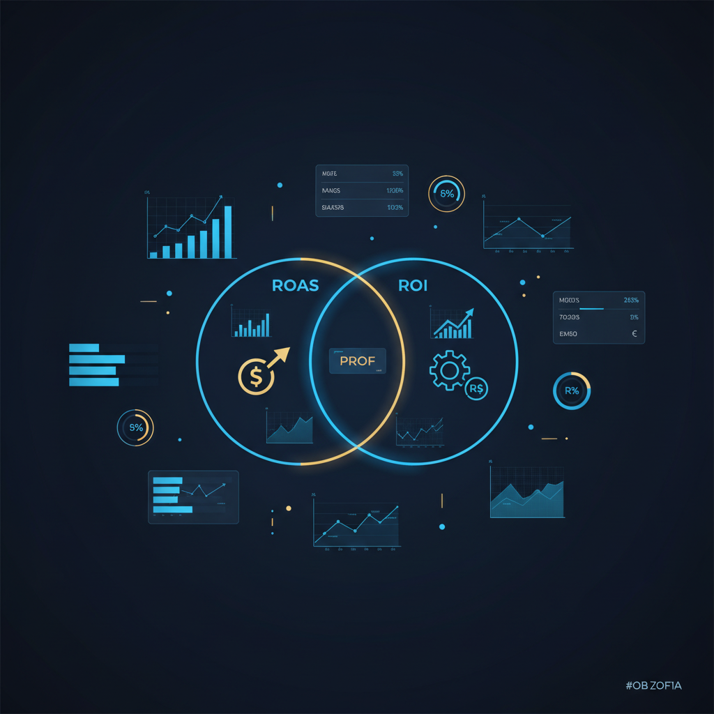 Uma matriz de comparação ou diagrama de Venn detalhando as diferenças e sobreposições entre os conceitos de ROAS e ROI. Mostra ícones distintos para cada métrica, facilitando a compreensão de suas particularidades.