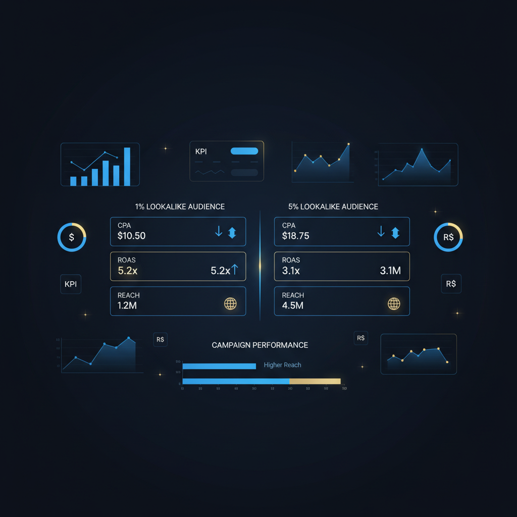Gráfico comparando o desempenho de um público lookalike de 1% (menor CPA) com um de 5% (maior alcance) no Meta Ads.