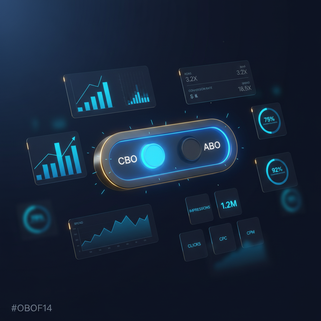 Um seletor digital mostrando as opções CBO e ABO, com a opção CBO (Otimização do Orçamento da Campanha) destacada e ativa.