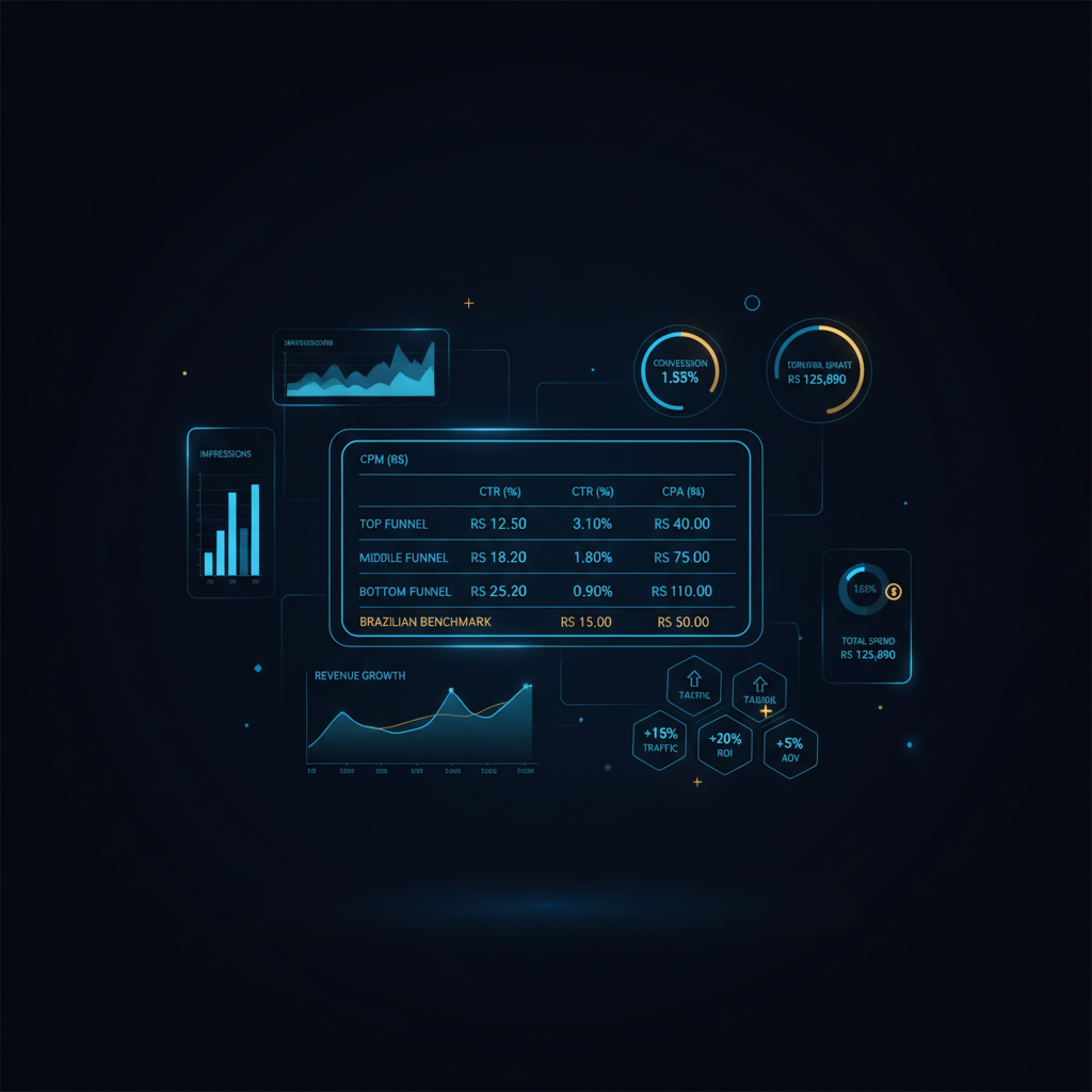 Tabela comparativa com métricas de desempenho como CPM, CTR e CPA para campanhas de Topo, Meio e Fundo de funil no mercado brasileiro.