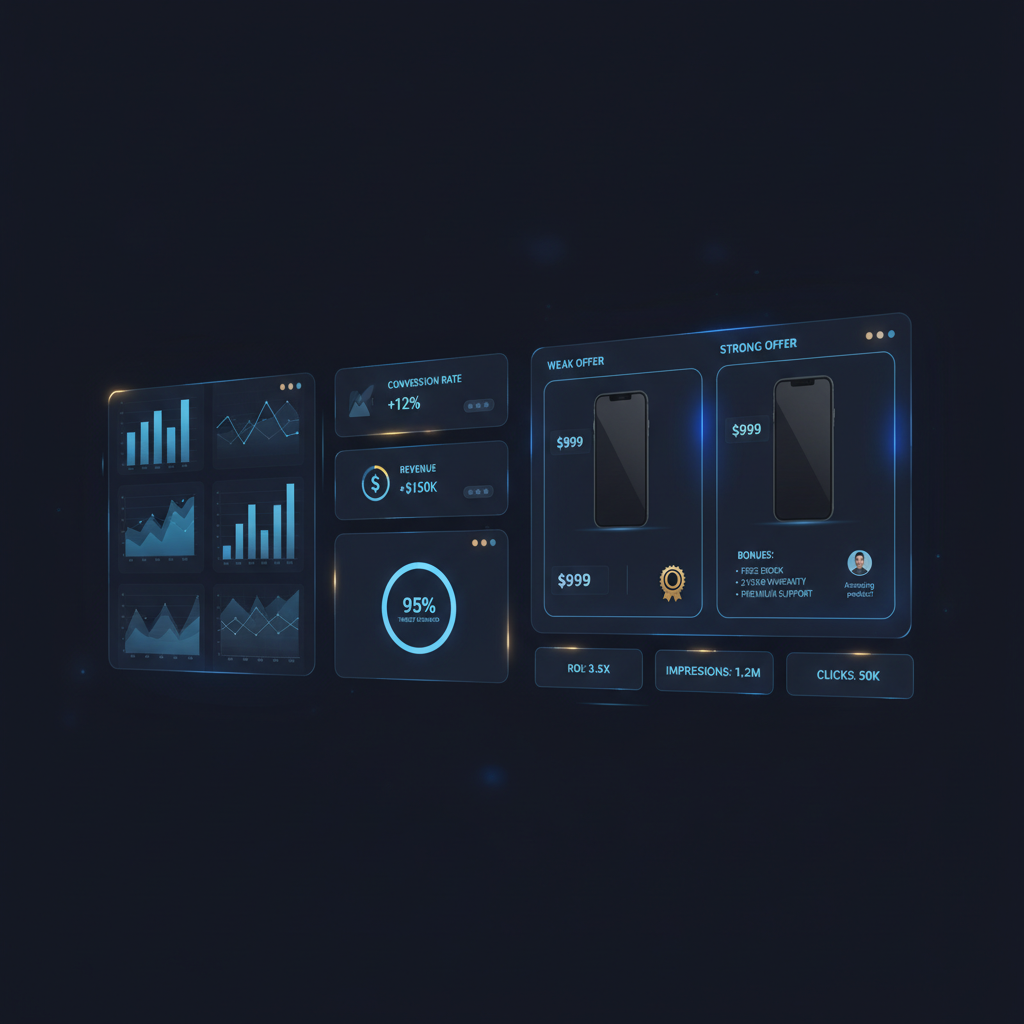 Comparativo de dois anúncios: um com uma oferta fraca (só produto e preço) e outro com uma oferta forte, incluindo bônus, garantia e prova social.