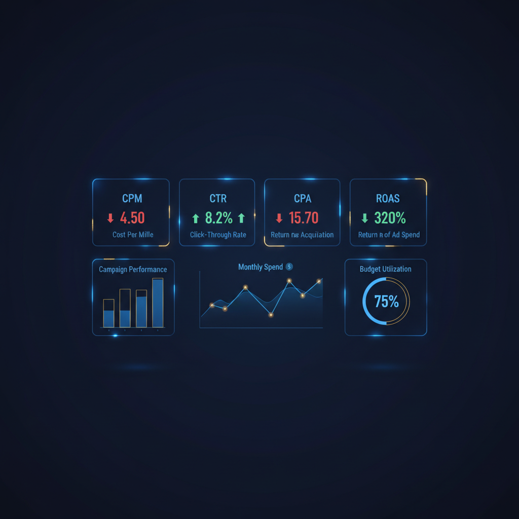 Painel de controle com as principais métricas de anúncios: CPM, CTR, CPA e ROAS, com indicadores de performance para análise do criativo vencedor.