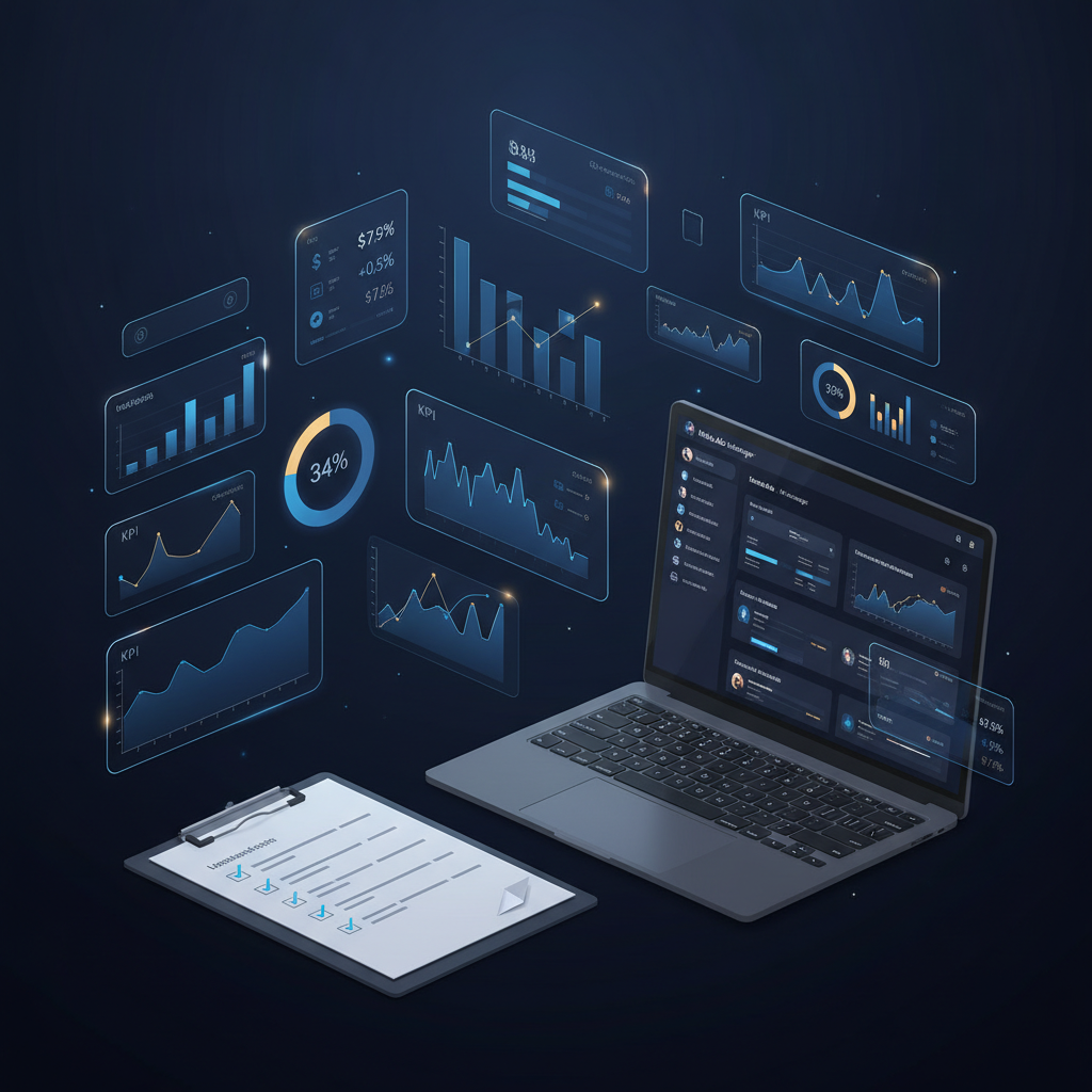 Uma prancheta com um checklist de auditoria sendo preenchido ao lado de um notebook que exibe o Gerenciador de Anúncios do Meta.