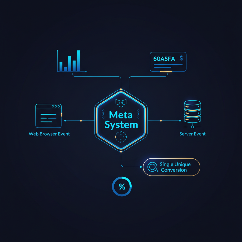Fluxograma que demonstra o processo de deduplicação de eventos, com dados do navegador e do servidor sendo unificados em uma única conversão pelo Meta.