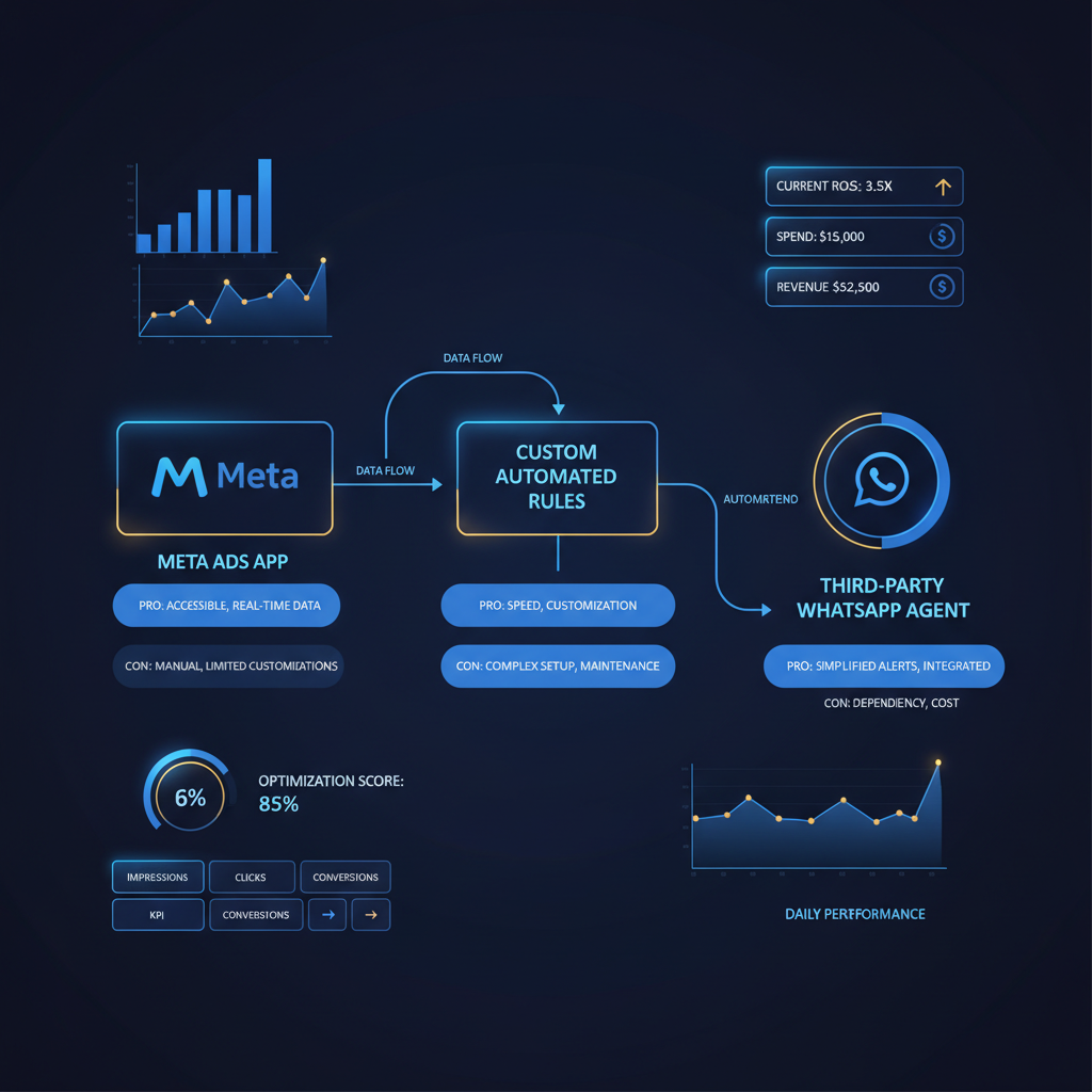 Fluxograma comparando prós e contras de monitorar ROAS pelo app da Meta, por regras automatizadas e por um agente de WhatsApp.