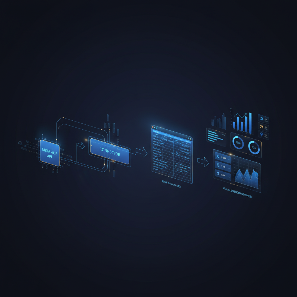 Fluxograma mostrando a automação de dados do Meta Ads para o Google Sheets através de um conector de API, resultando em um dashboard final.