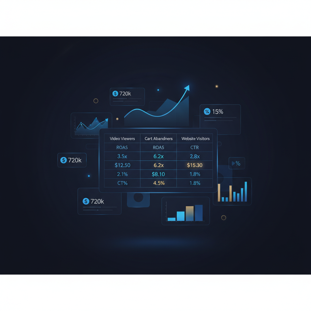Um painel de métricas comparando o desempenho de três públicos de remarketing: visualizadores de vídeo, abandono de carrinho e visitantes do site.