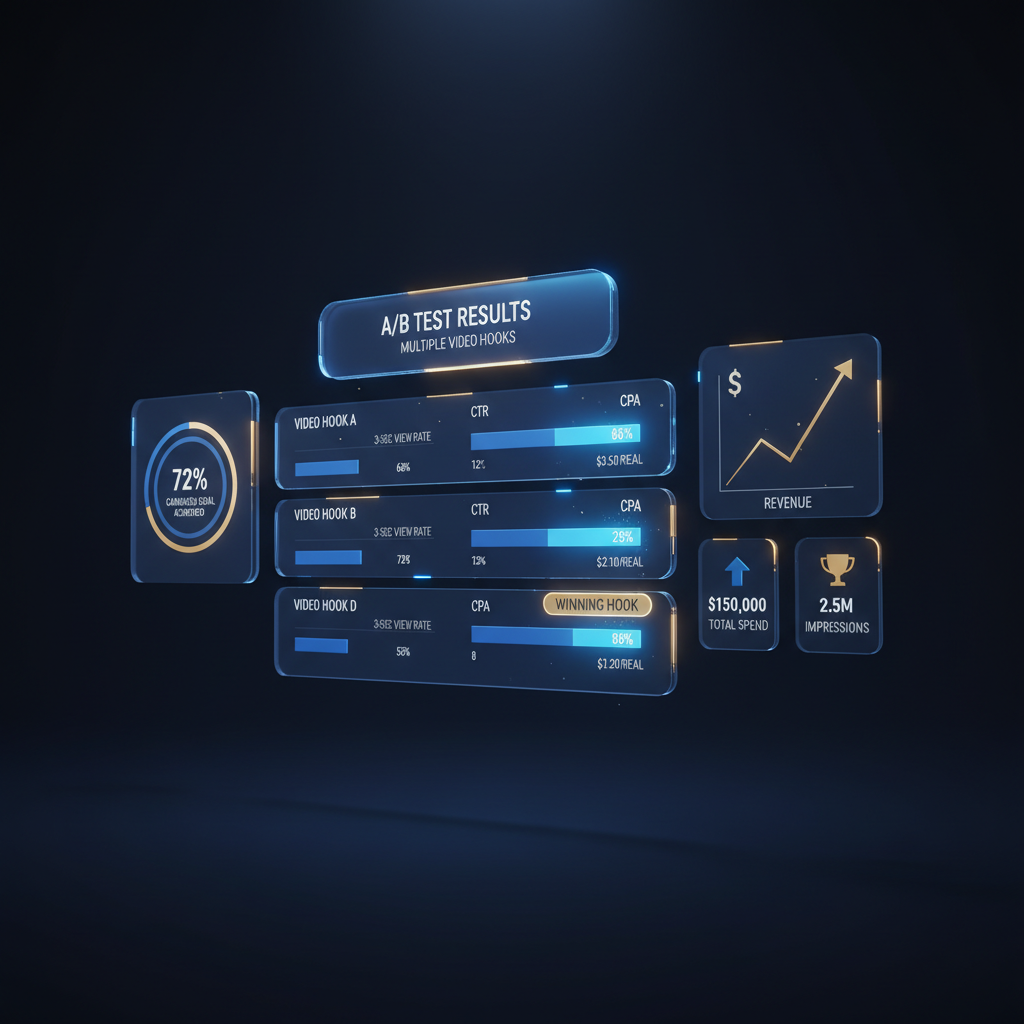 Painel de dados comparando o desempenho de vários 'hooks' de vídeo em testes A/B, mostrando taxas de visualização de 3 segundos, CTR e CPA para cada variação, com o vencedor em destaque.
