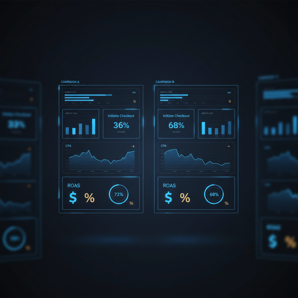 Painel de análise comparando duas campanhas, destacando métricas de funil como Adições ao Carrinho, Custo por Aquisição e ROAS para cada preço.