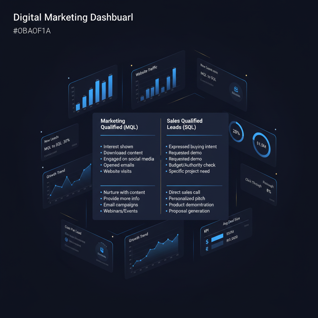 Tabela comparativa detalhando as características e as ações recomendadas para leads qualificados por marketing (MQL) e leads qualificados por vendas (SQL), destacando suas diferenças e responsabilidades.