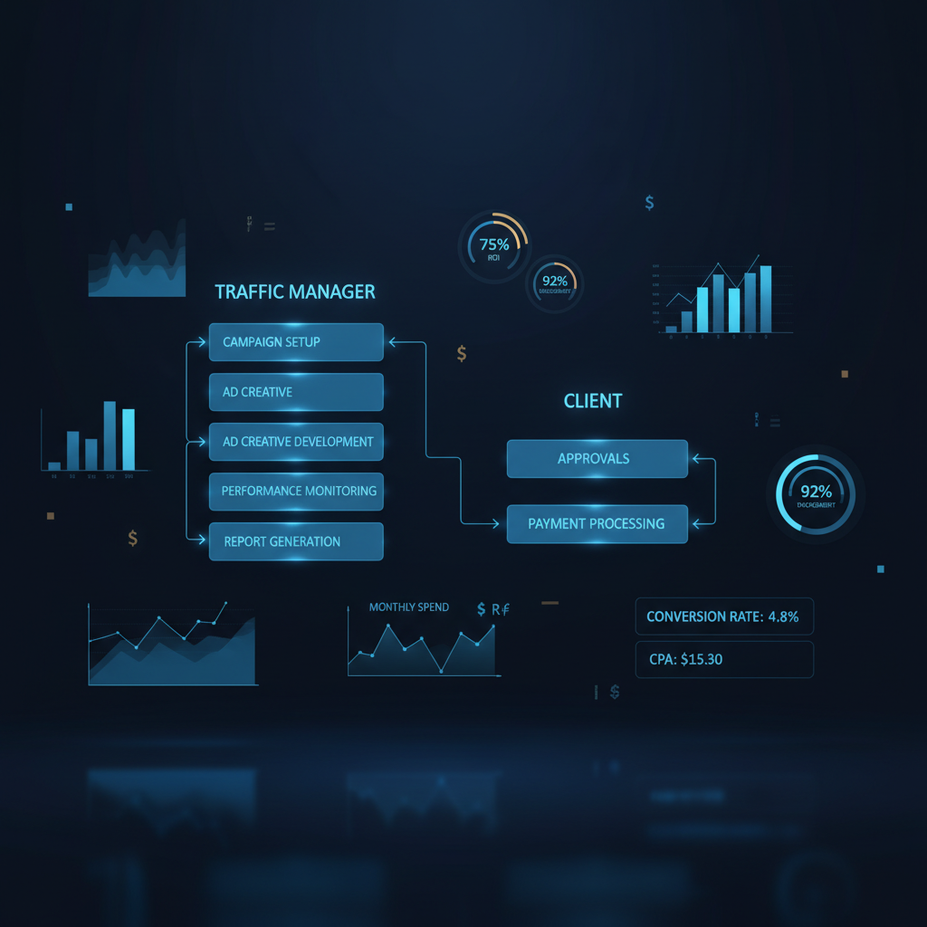 Um fluxograma que mostra a divisão de responsabilidades entre o gestor de tráfego e o cliente, incluindo tarefas como aprovação e relatórios.