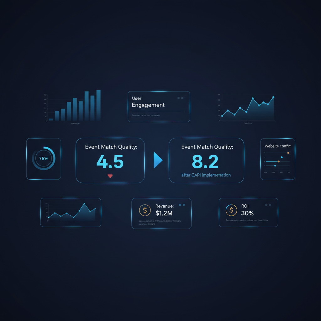 Gráfico mostrando a pontuação de Qualidade de Correspondência de Eventos subindo de 4.5 para 8.2 após a implementação da CAPI.