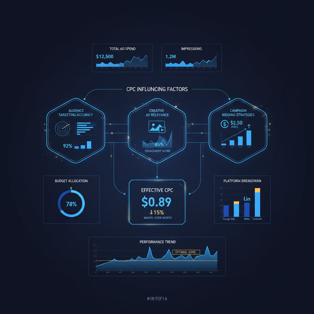 Infográfico com três painéis que representam os principais fatores que afetam o CPC: segmentação de público-alvo, relevância do criativo e estratégias de lance em campanhas de Meta Ads.
