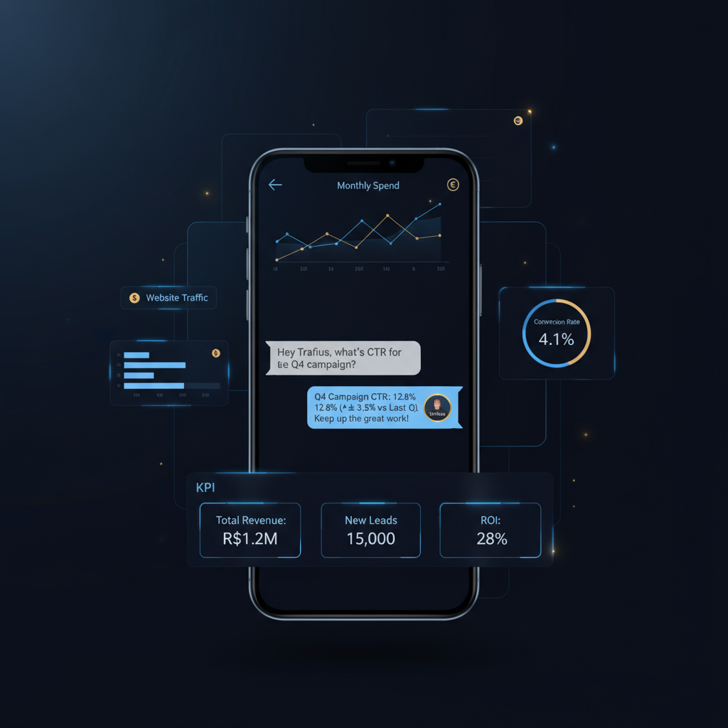 Tela de celular mostrando uma conversa no WhatsApp onde um gestor de tráfego pede o CTR e o bot do Trafius responde com a métrica na hora.