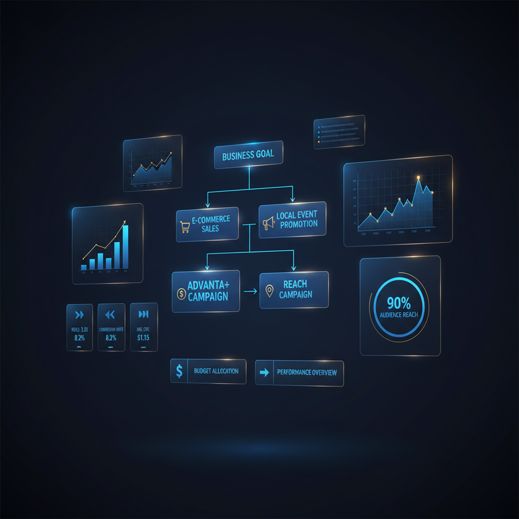 Fluxograma mostrando a árvore de decisão para escolher entre campanhas Advantage+ e Alcance com base em objetivos de negócio e tipo de público.
