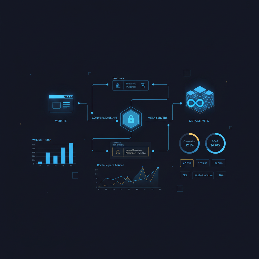 Fluxograma mostrando o caminho dos dados de um site até os servidores da Meta através da API de Conversões, destacando os parâmetros do cliente.
