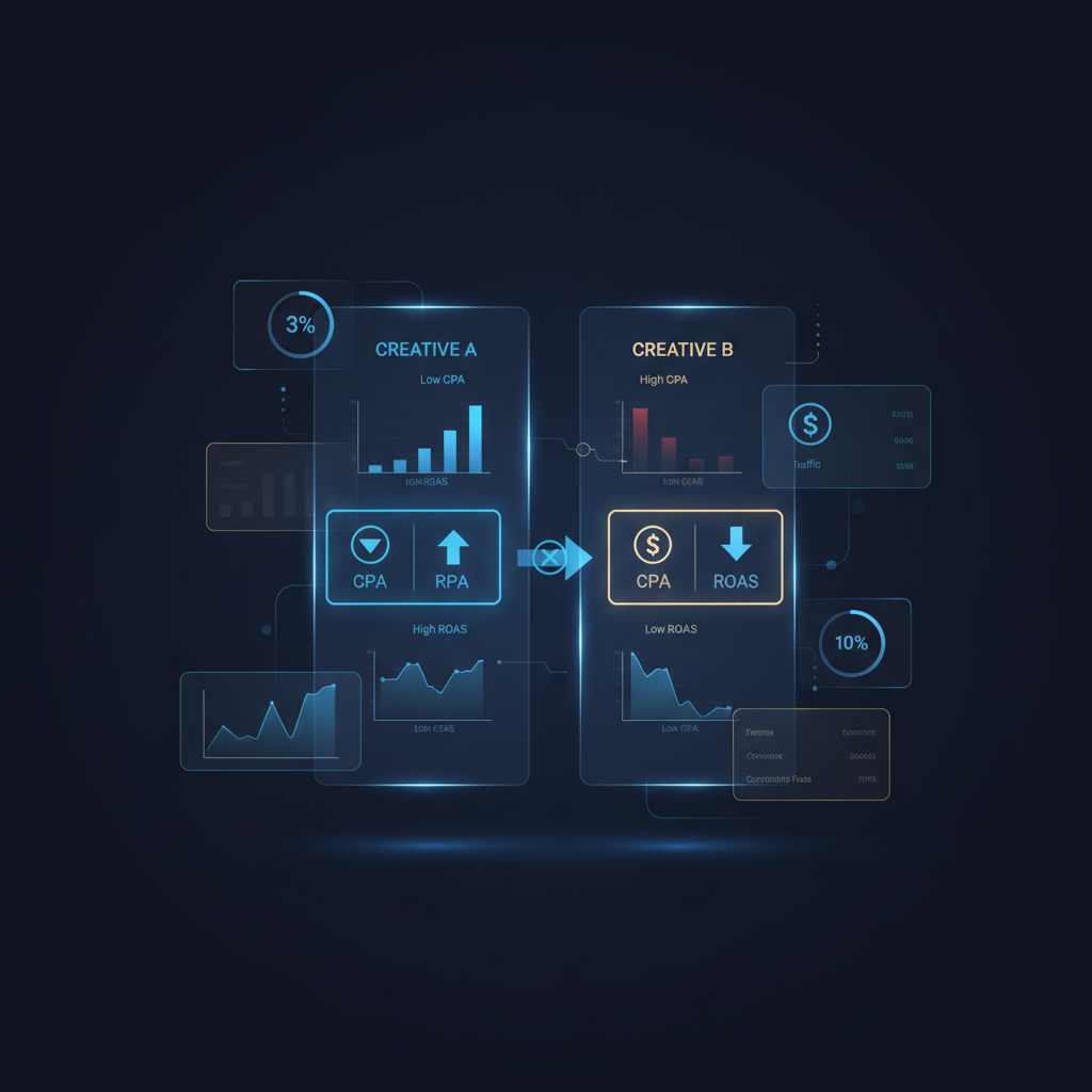 Um diagrama de teste A/B comparando dois criativos de anúncio, um com CPA baixo e ROAS alto e outro com resultados ruins.