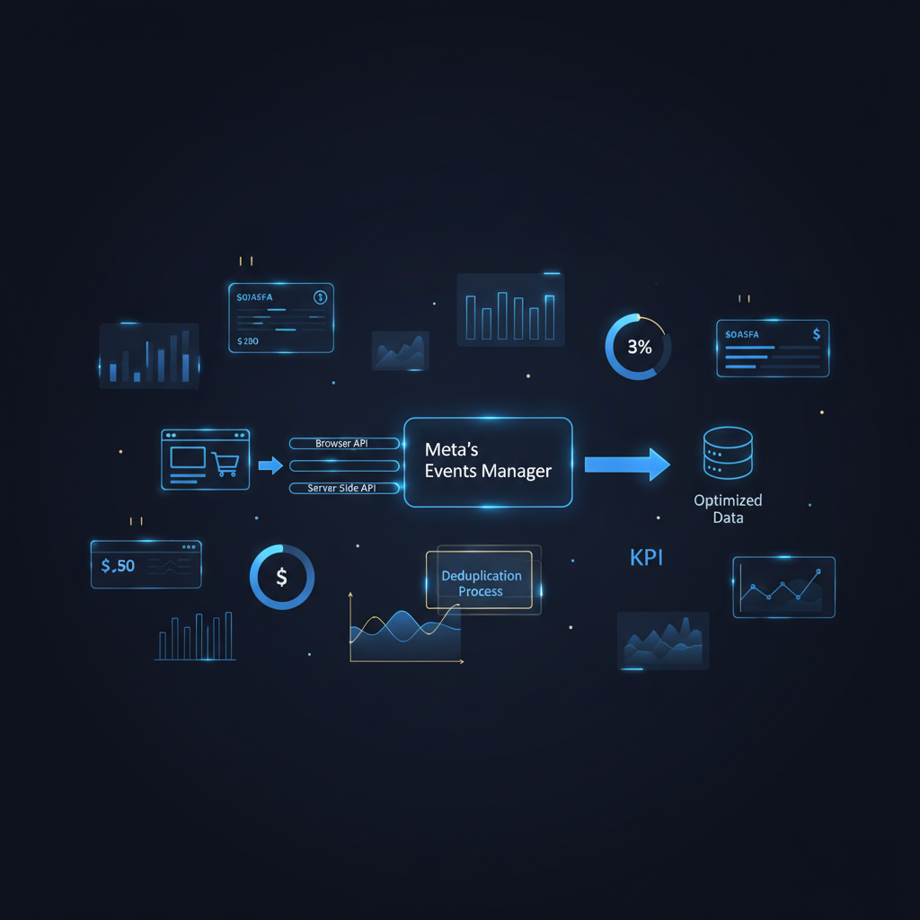 Diagrama ilustrando o envio de um evento de compra pelo navegador e pelo servidor, com o Gerenciador de Eventos do Meta fazendo a deduplicação.