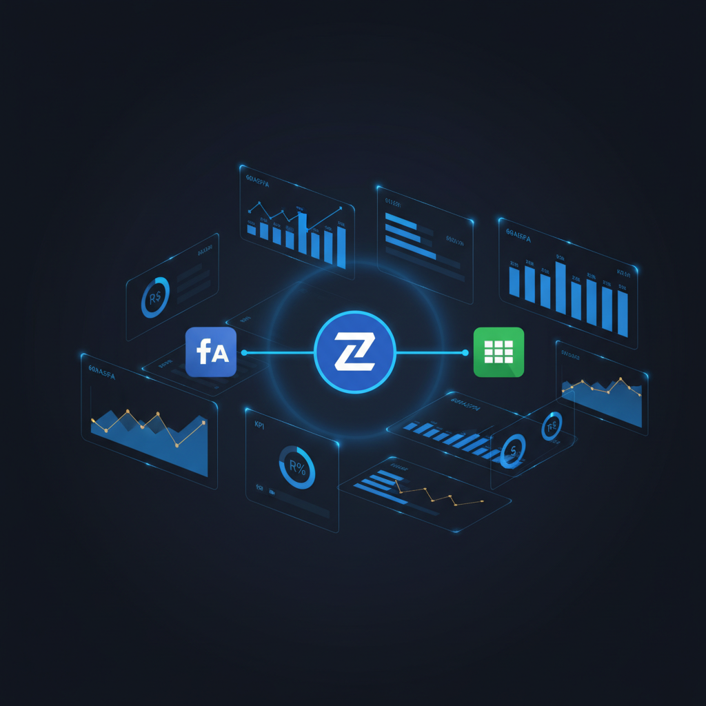 Diagrama ilustrando uma automação do Zapier que conecta a API do Meta Ads a uma planilha do Google Sheets para exportação de dados.