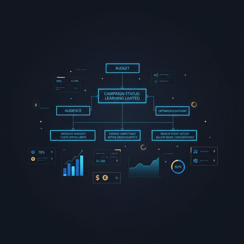 Fluxograma com um passo a passo para diagnosticar e resolver o status de 'Aprendizagem Limitada' em campanhas do Meta Ads.