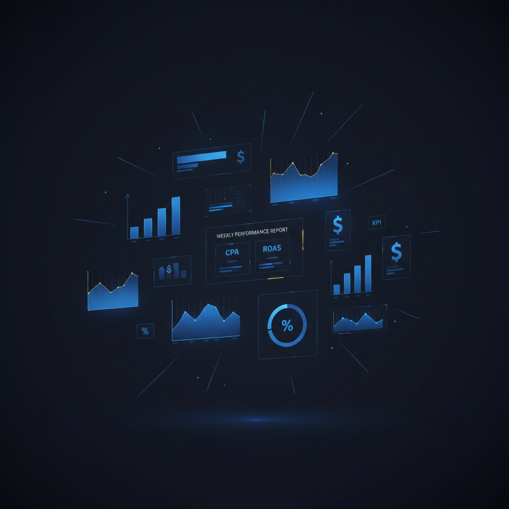 Exemplo de um relatório semanal de performance de Meta Ads com gráficos de CPA, ROAS e investimento, demonstrando clareza na comunicação com o cliente.