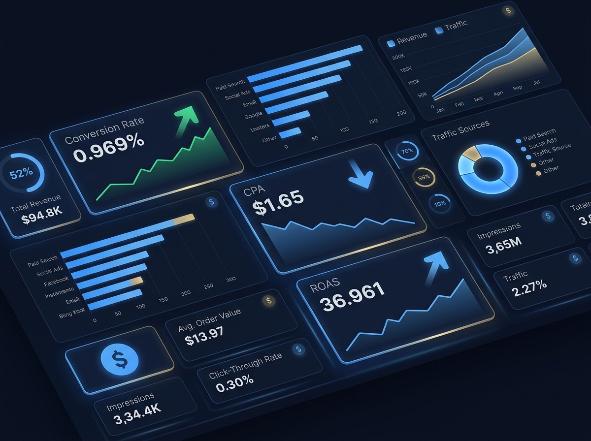 Gráfico de desempenho de e-commerce mostrando a evolução da taxa de conversão, CPA e ROAS ao longo do tempo, com métricas de conversão e ROAS em ascensão e CPA em declínio após a implementação de notificações de compra.