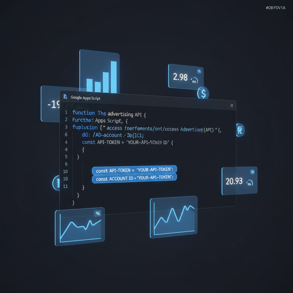 Editor de código do Google Apps Script exibindo um script para buscar dados do Meta Ads, com as variáveis de token e ID da conta em destaque.