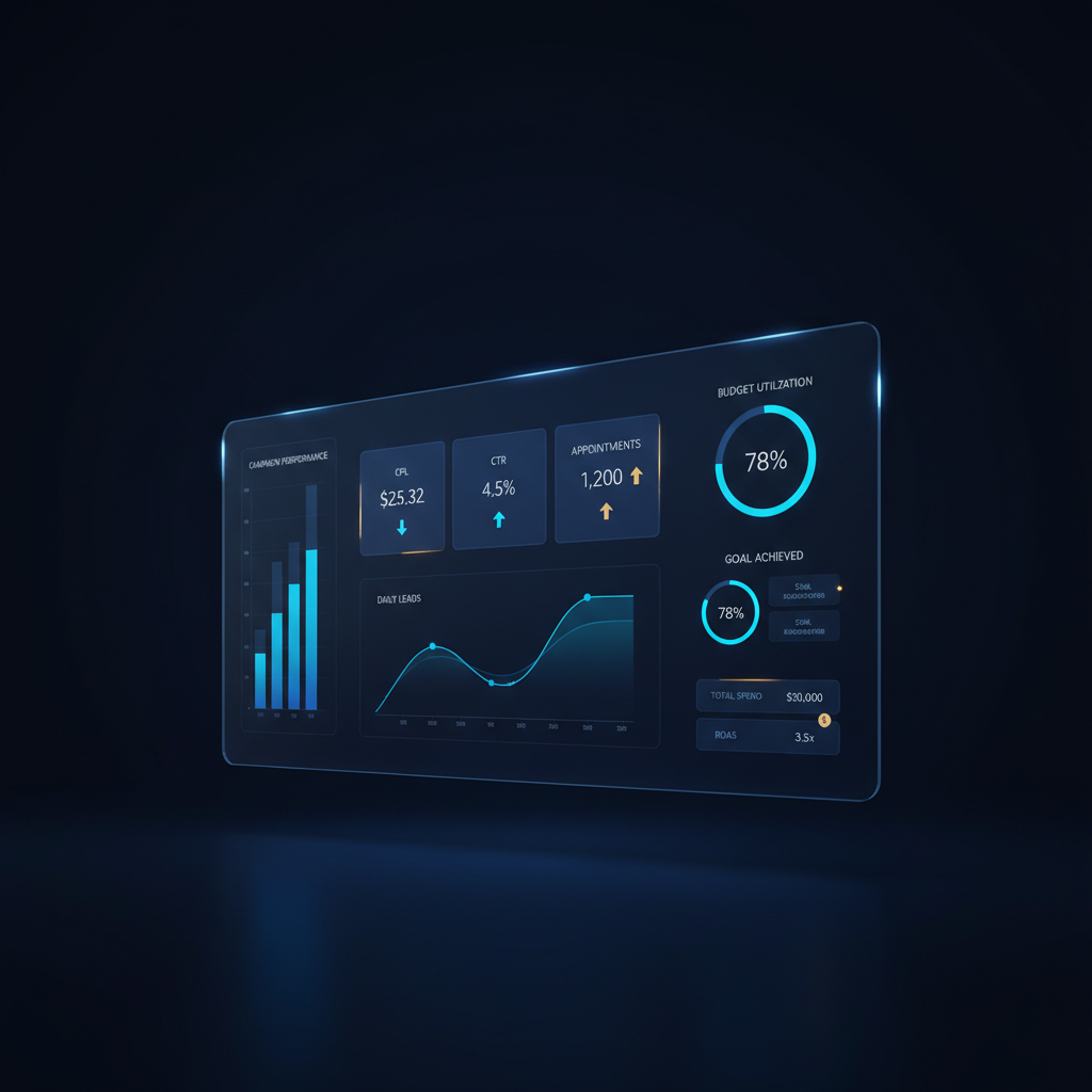 Painel de métricas de uma campanha de Meta Ads para clínica de saúde, destacando Custo por Lead e agendamentos.