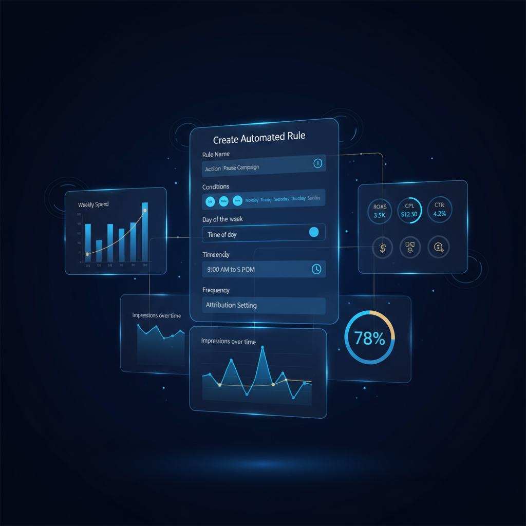 Interface de regras automatizadas do Meta Ads, exibindo a criação de uma regra para ajustar o orçamento de uma campanha em um dia específico da semana.