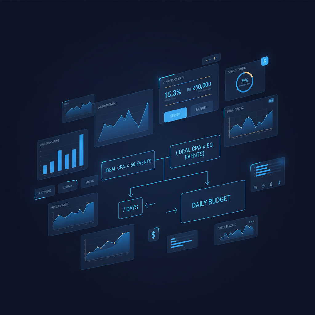 Um fluxograma simples que ilustra a fórmula de cálculo de orçamento: (CPA Ideal x 50 eventos) / 7 dias = Orçamento Diário.