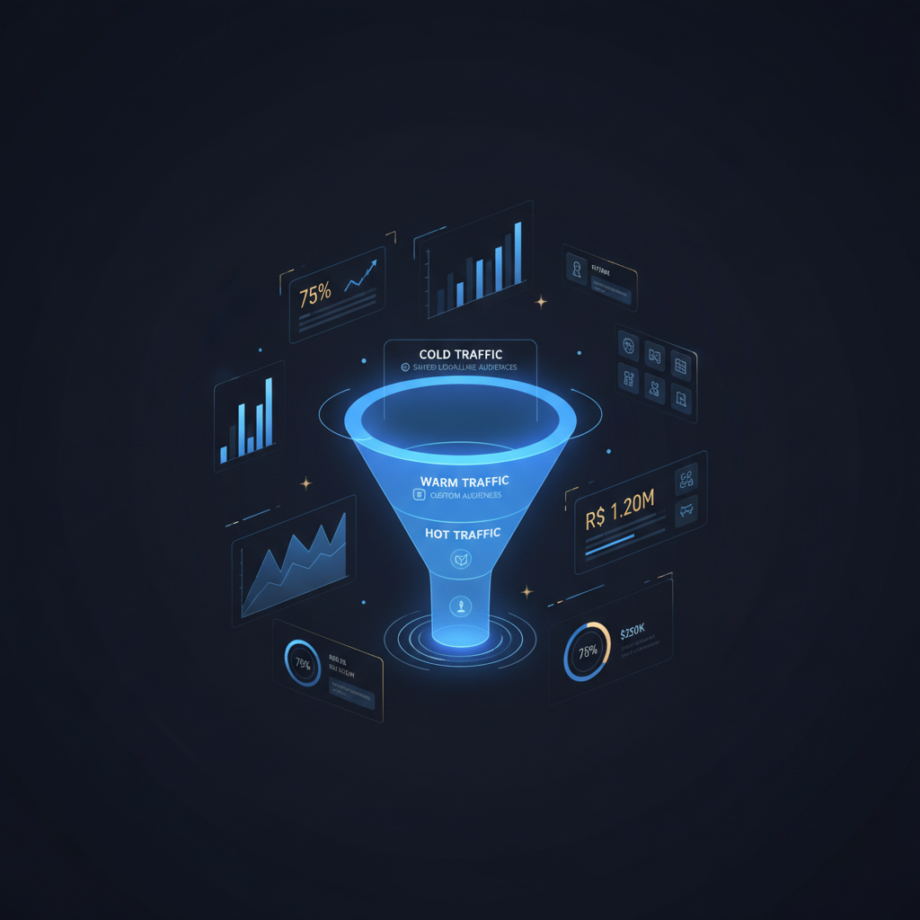 Visualização de um funil de marketing com os tipos de público do Meta Ads em cada etapa: topo, meio e fundo de funil.