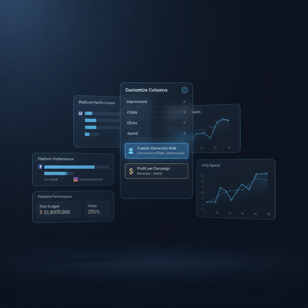 Interface de personalização de colunas no Gerenciador de Anúncios, com destaque para a criação de métricas personalizadas.