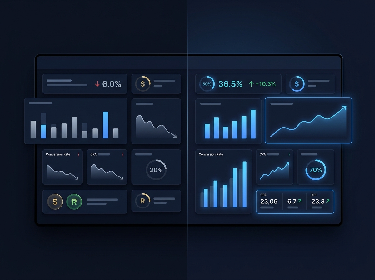 Comparativo visual de performance de campanhas no Meta Ads: um painel 'Antes do Backredirect' mostrando métricas menos otimizadas e outro 'Depois do Backredirect' com melhorias significativas em conversão e CPA.