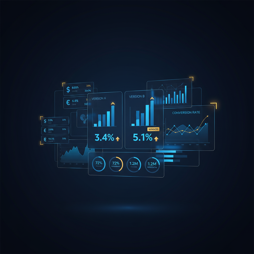 Diagrama de um teste A/B comparando duas versões do título de uma landing page, com a versão B mostrando uma taxa de conversão maior.