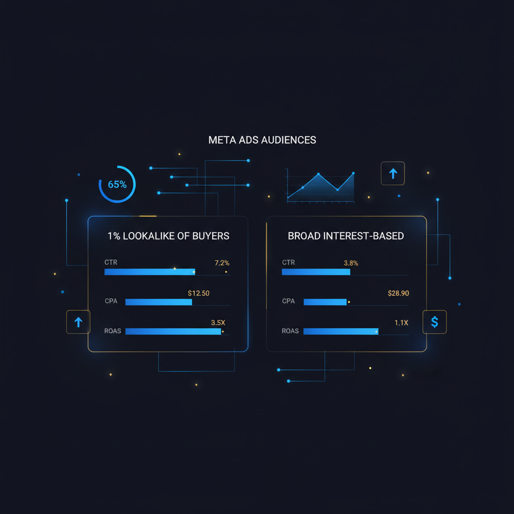 Comparativo lado a lado de dois públicos no Meta Ads: um lookalike de 1% de compradores e um público de interesses, com barras de performance.